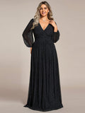 A-Line Plus Size Empire-Waist V-Neck Evening Dress with Long Sleeves