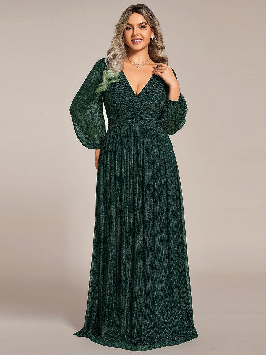 A-Line Plus Size Empire-Waist V-Neck Evening Dress with Long Sleeves