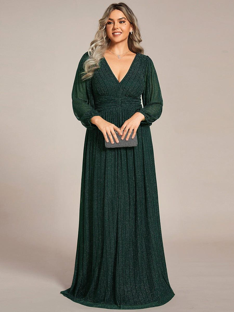 A-Line Plus Size Empire-Waist V-Neck Evening Dress with Long Sleeves