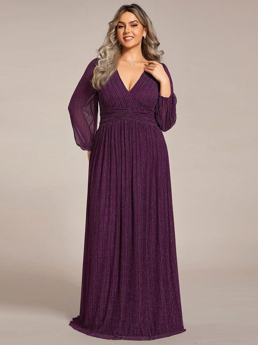A-Line Plus Size Empire-Waist V-Neck Evening Dress with Long Sleeves