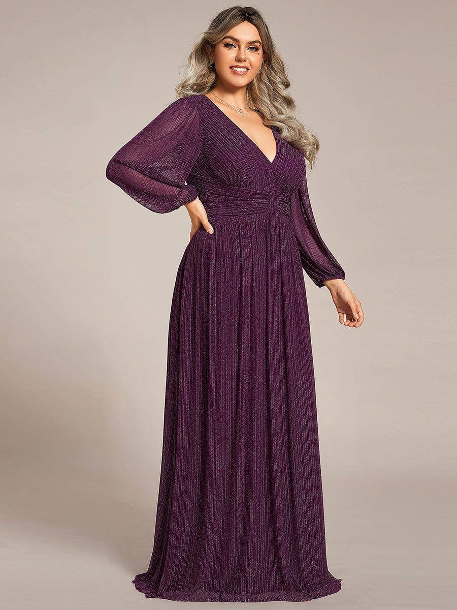 A-Line Plus Size Empire-Waist V-Neck Evening Dress with Long Sleeves