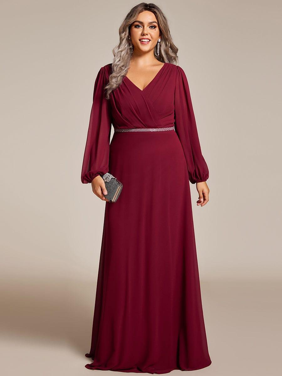 Plus Size A-Line V-Neck Empire-Waist Long Sleeves Chiffon Evening Dress with Belt