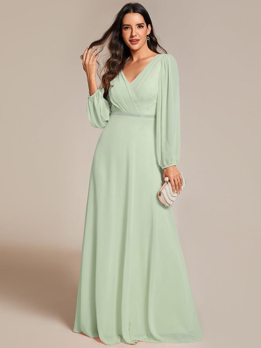 Plus Size A-Line V-Neck Empire-Waist Long Sleeves Chiffon Evening Dress with Belt