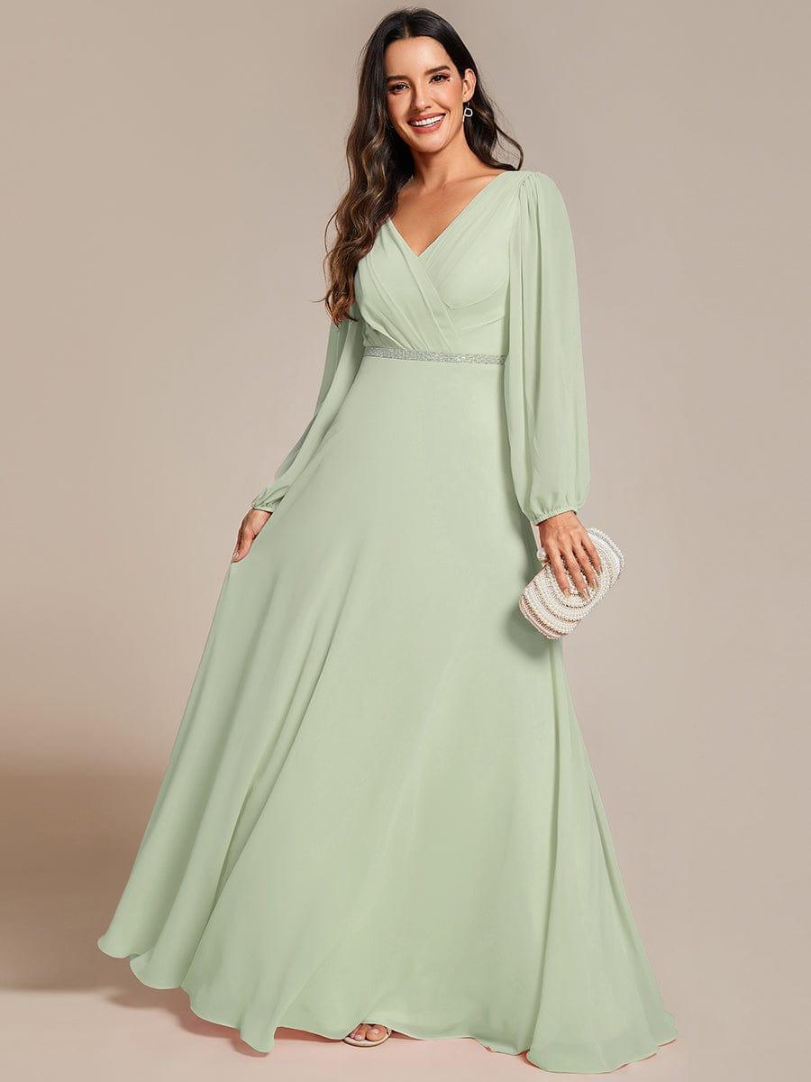 Plus Size A-Line V-Neck Empire-Waist Long Sleeves Chiffon Evening Dress with Belt