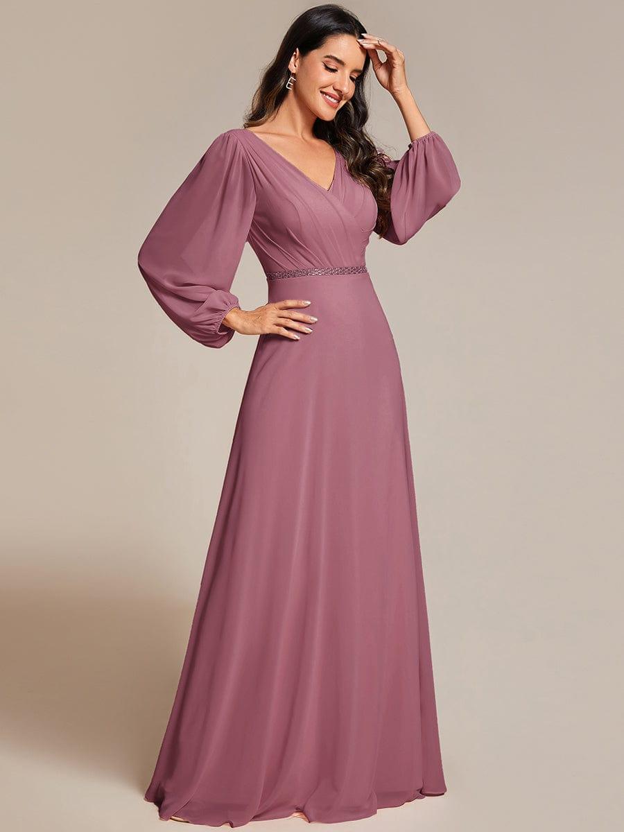 Plus Size A-Line V-Neck Empire-Waist Long Sleeves Chiffon Evening Dress with Belt