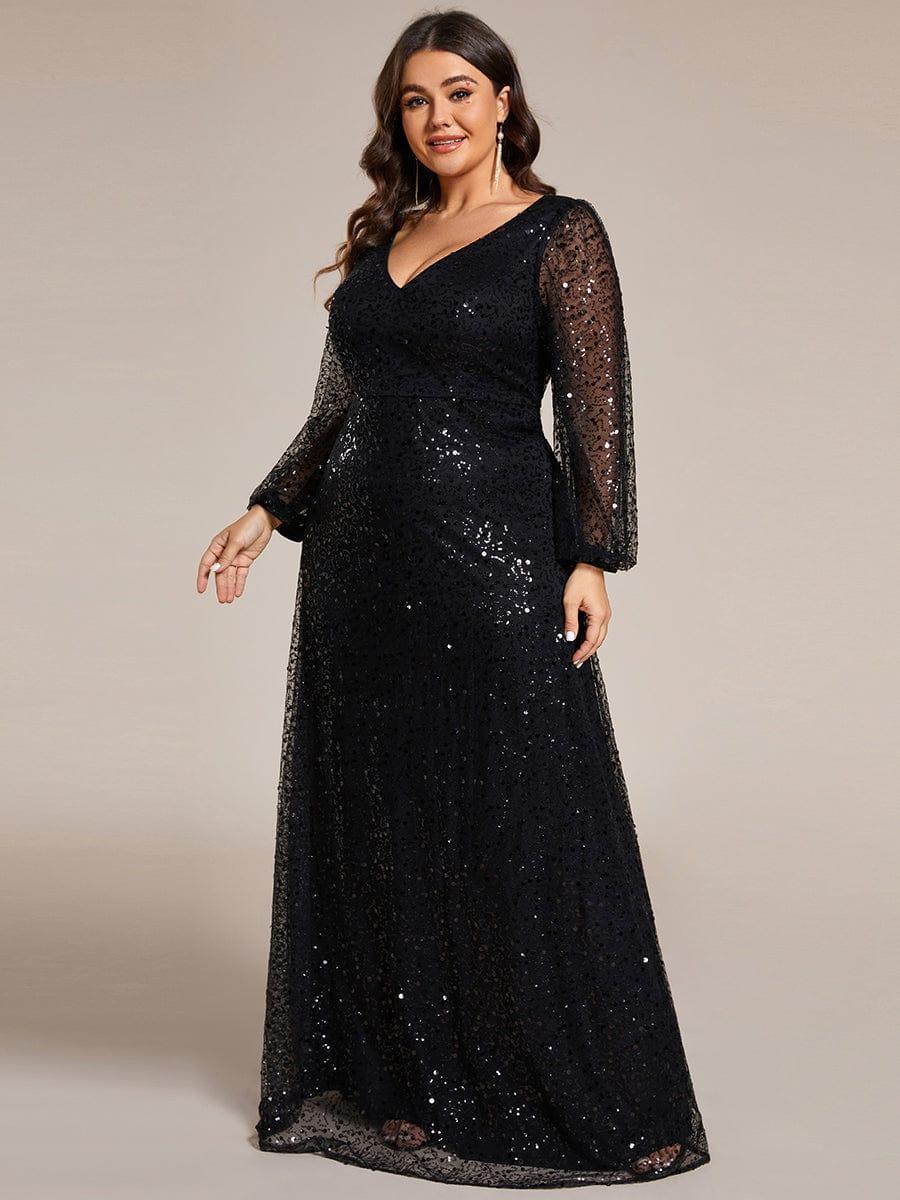 A-Line Sparkly Plus Size V-Neck Long Sleeves Sequin Evening Dress