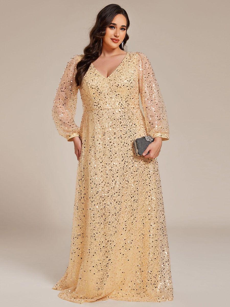 A-Line Sparkly Plus Size V-Neck Long Sleeves Sequin Evening Dress