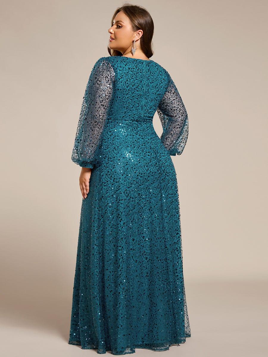 A-Line Sparkly Plus Size V-Neck Long Sleeves Sequin Evening Dress