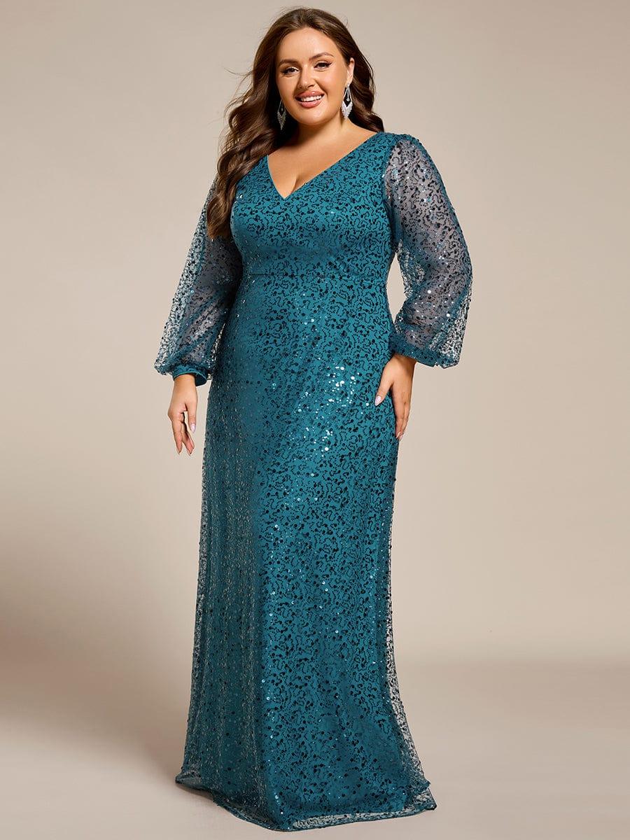 A-Line Sparkly Plus Size V-Neck Long Sleeves Sequin Evening Dress