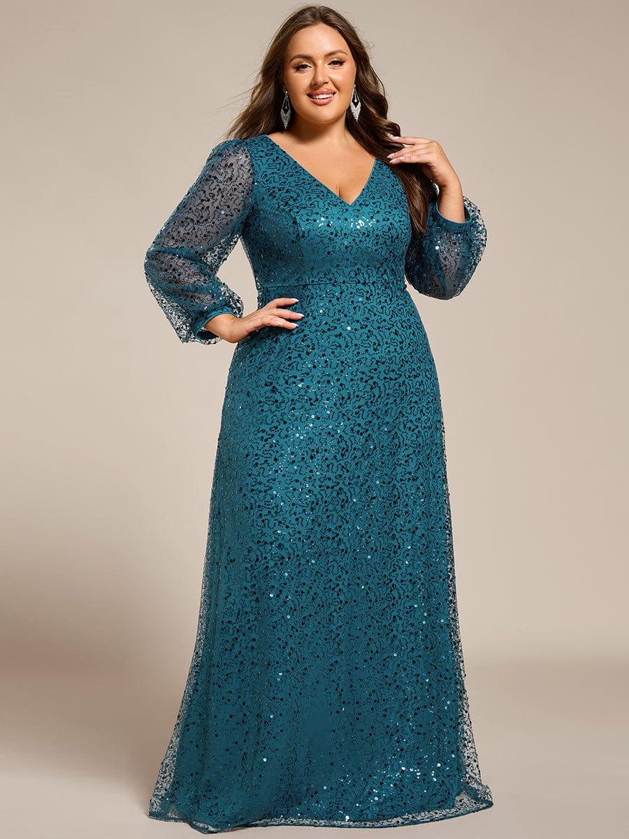 A-Line Sparkly Plus Size V-Neck Long Sleeves Sequin Evening Dress