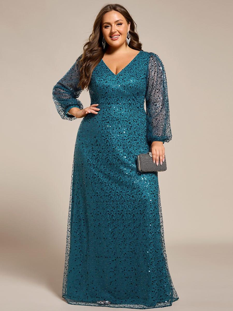 A-Line Sparkly Plus Size V-Neck Long Sleeves Sequin Evening Dress