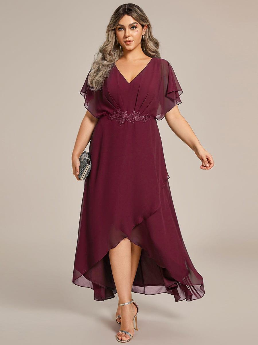Elegant A-Line Waist Applique Ruffles Formal Dress with Short Sleeves