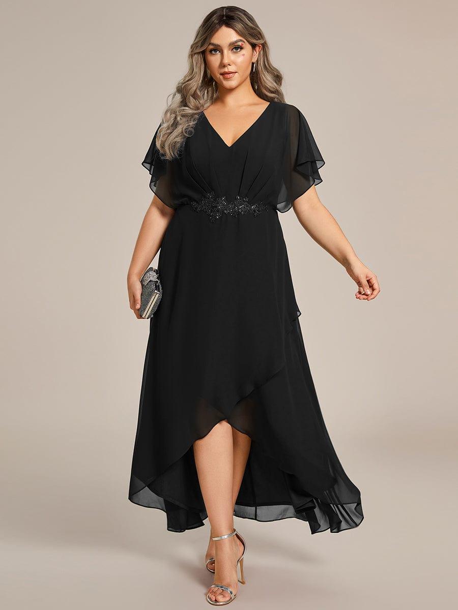 Elegant A-Line Waist Applique Ruffles Formal Dress with Short Sleeves