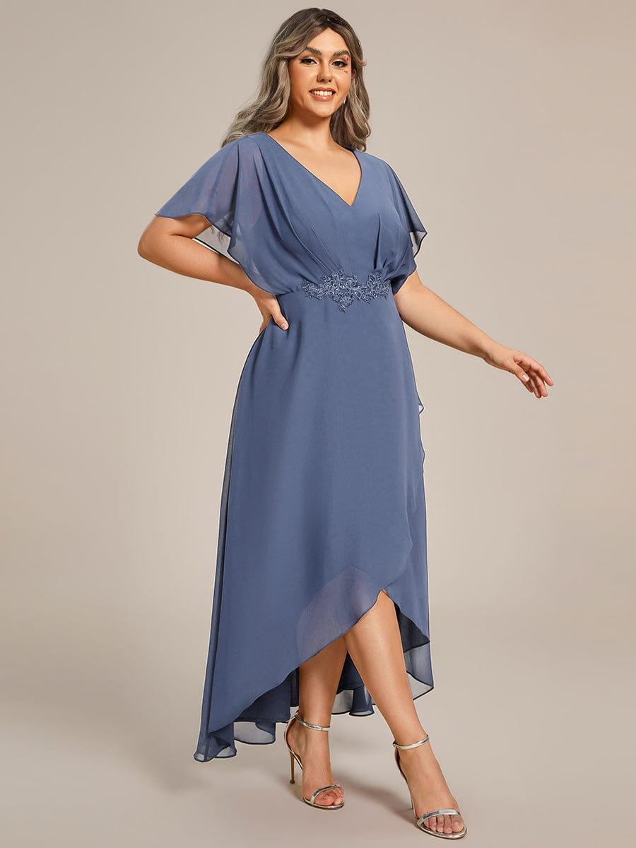 A-Line V-Neck Chiffon Short Sleeve Empire-Waist Applique Chiffon Formal Dress