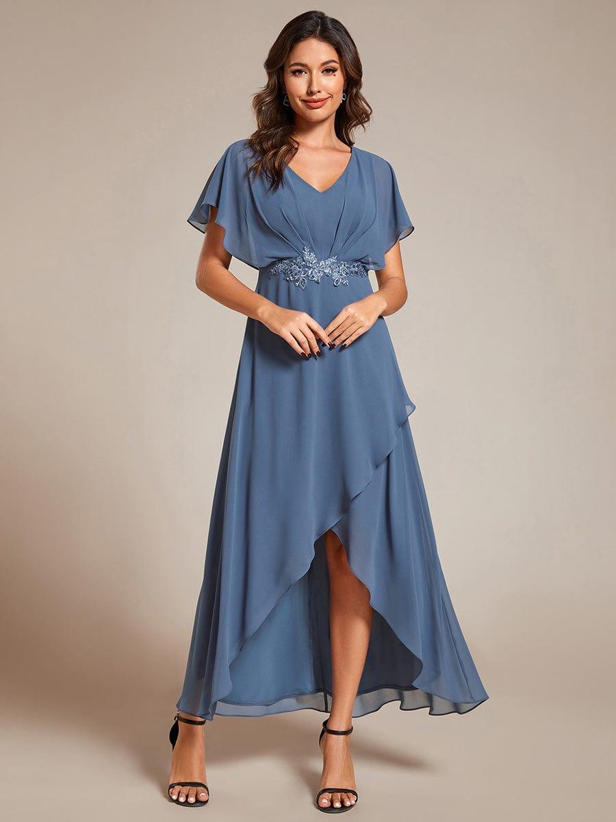 Elegant A-Line Waist Applique Ruffles Formal Dress with Short Sleeves