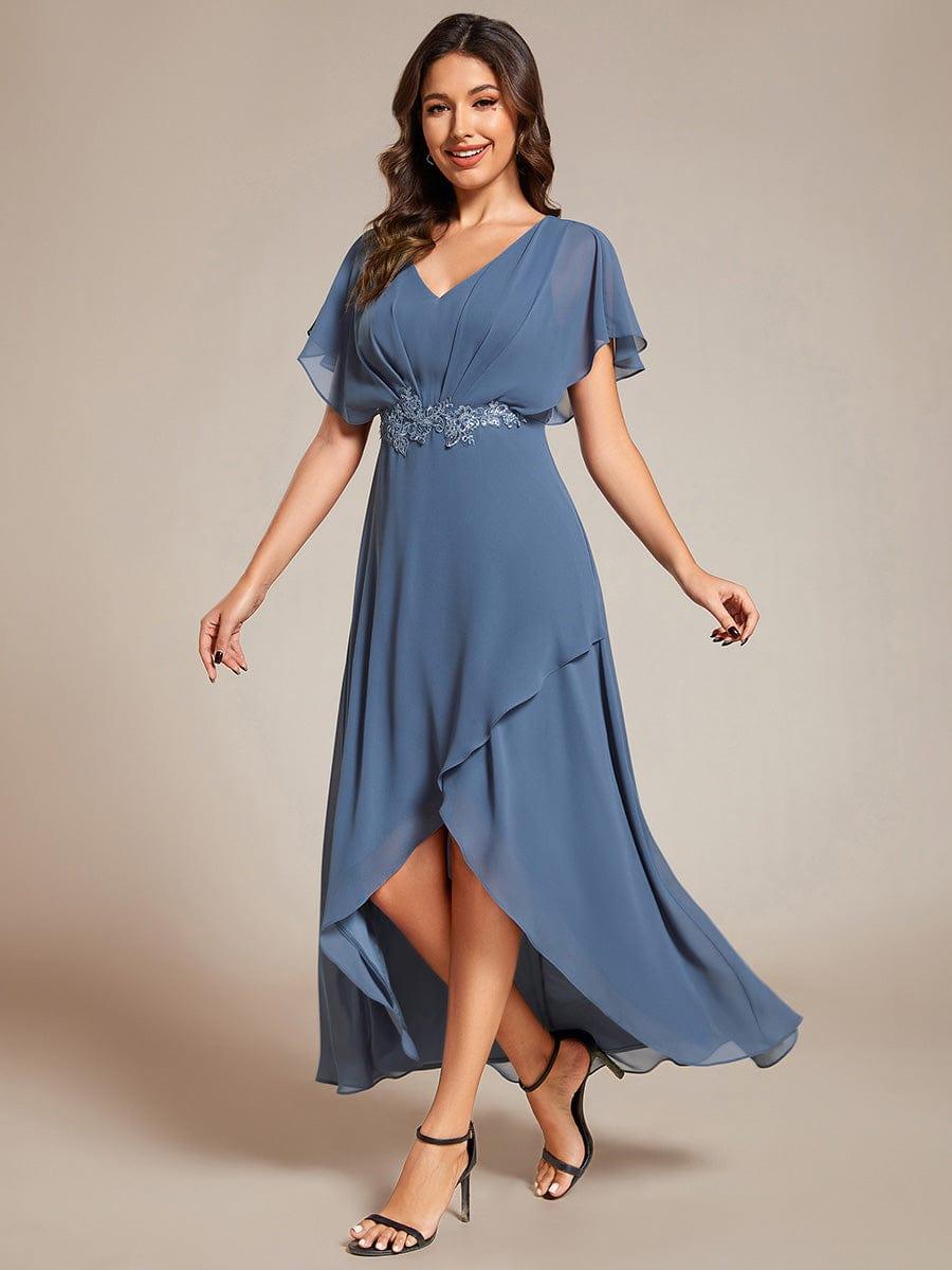 Elegant A-Line Waist Applique Ruffles Formal Dress with Short Sleeves