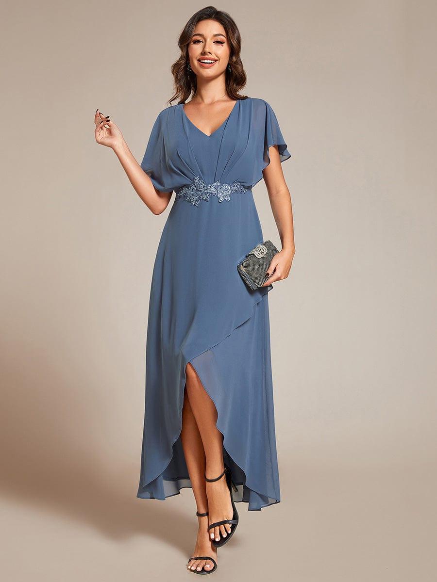 Elegant A-Line Waist Applique Ruffles Formal Dress with Short Sleeves