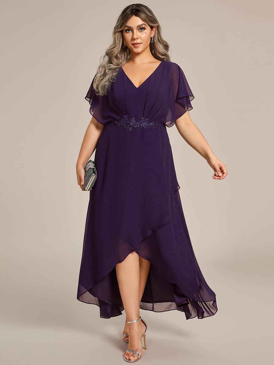 Elegant A-Line Waist Applique Ruffles Formal Dress with Short Sleeves