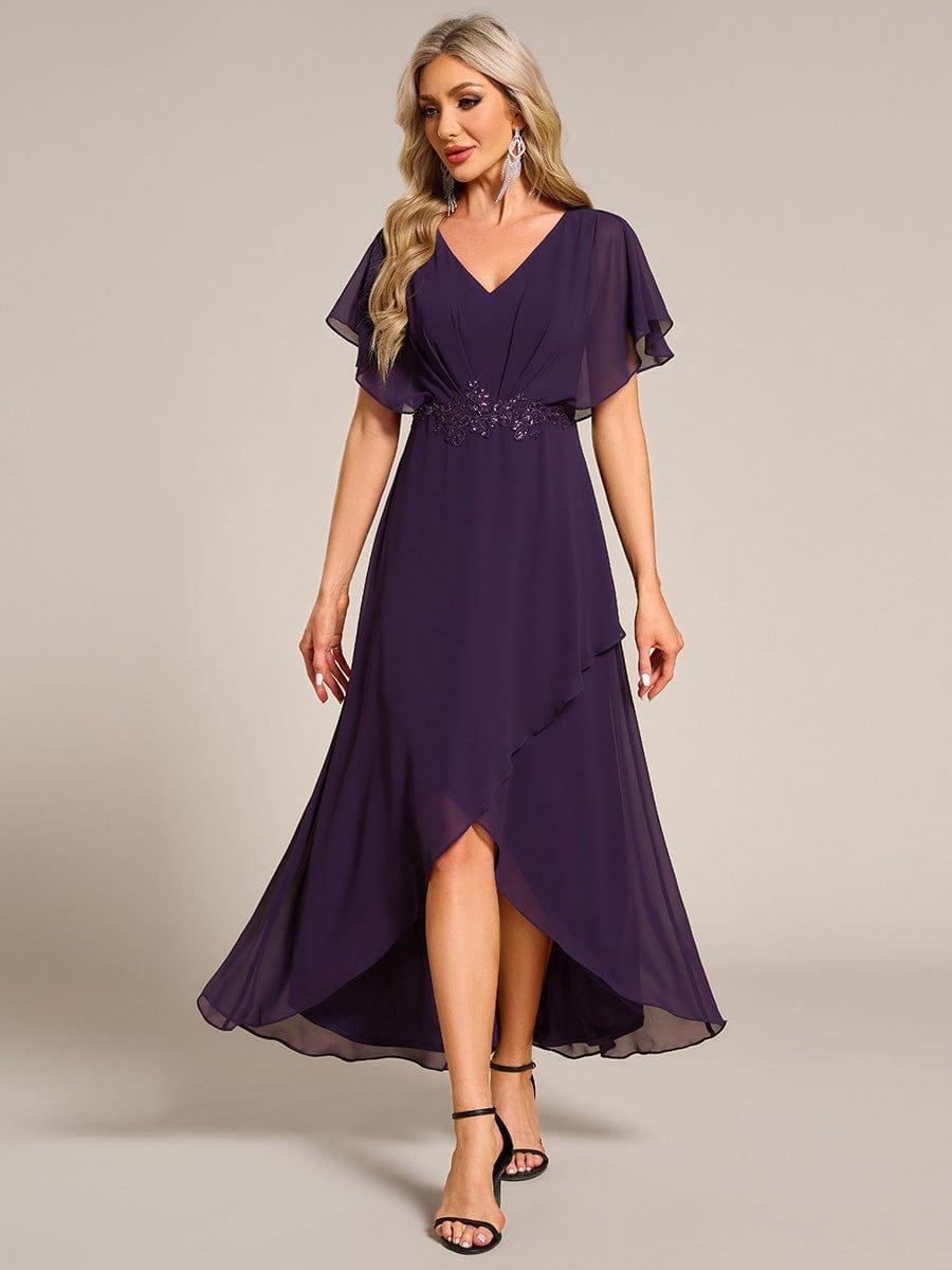 Elegant A-Line Waist Applique Ruffles Formal Dress with Short Sleeves