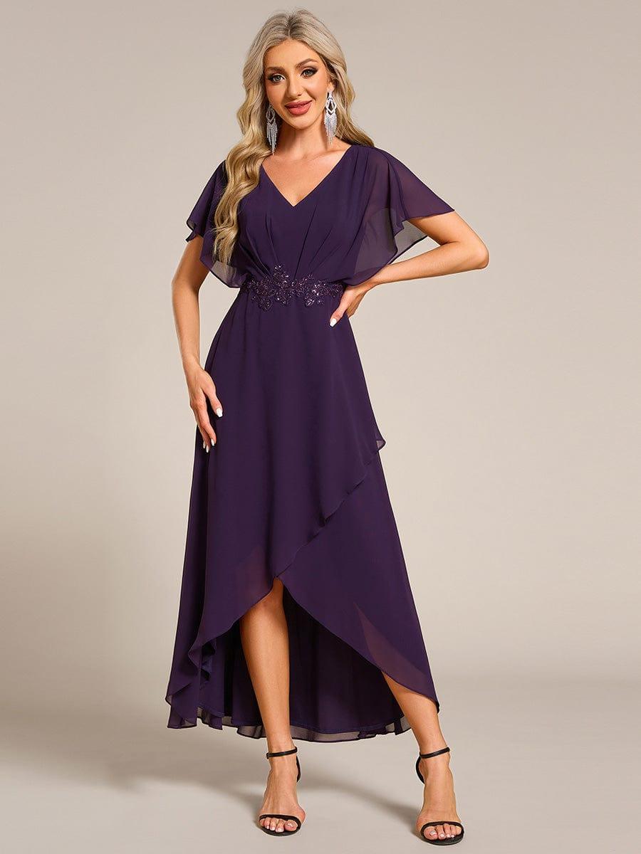 Elegant A-Line Waist Applique Ruffles Formal Dress with Short Sleeves