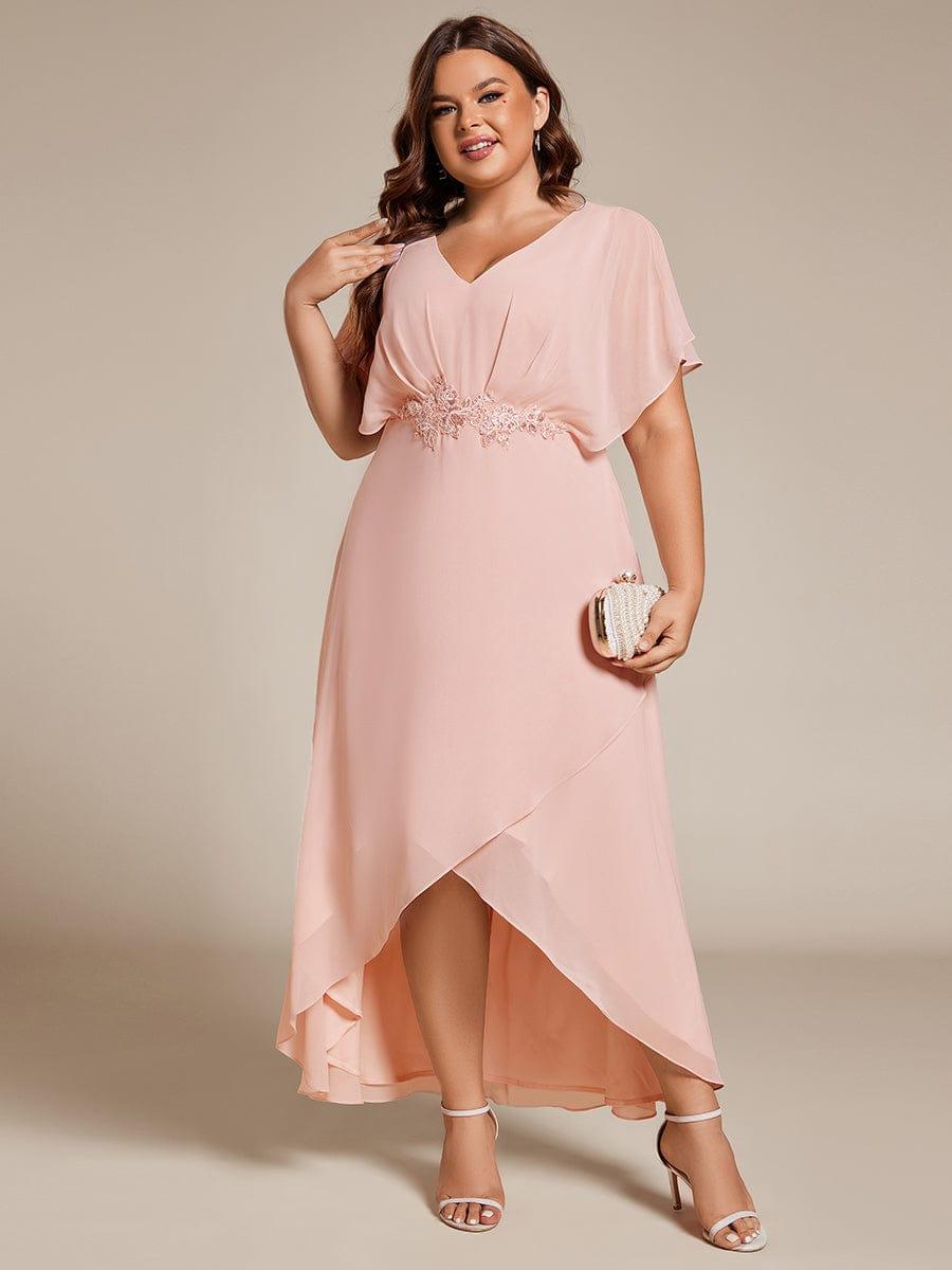 A-Line V-Neck Chiffon Short Sleeve Empire-Waist Applique Chiffon Formal Dress