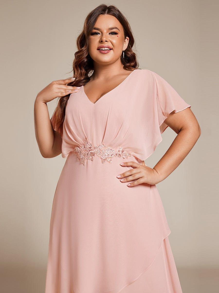 Elegant A-Line Waist Applique Ruffles Formal Dress with Short Sleeves
