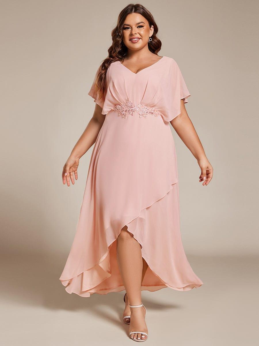 A-Line V-Neck Chiffon Short Sleeve Empire-Waist Applique Chiffon Formal Dress