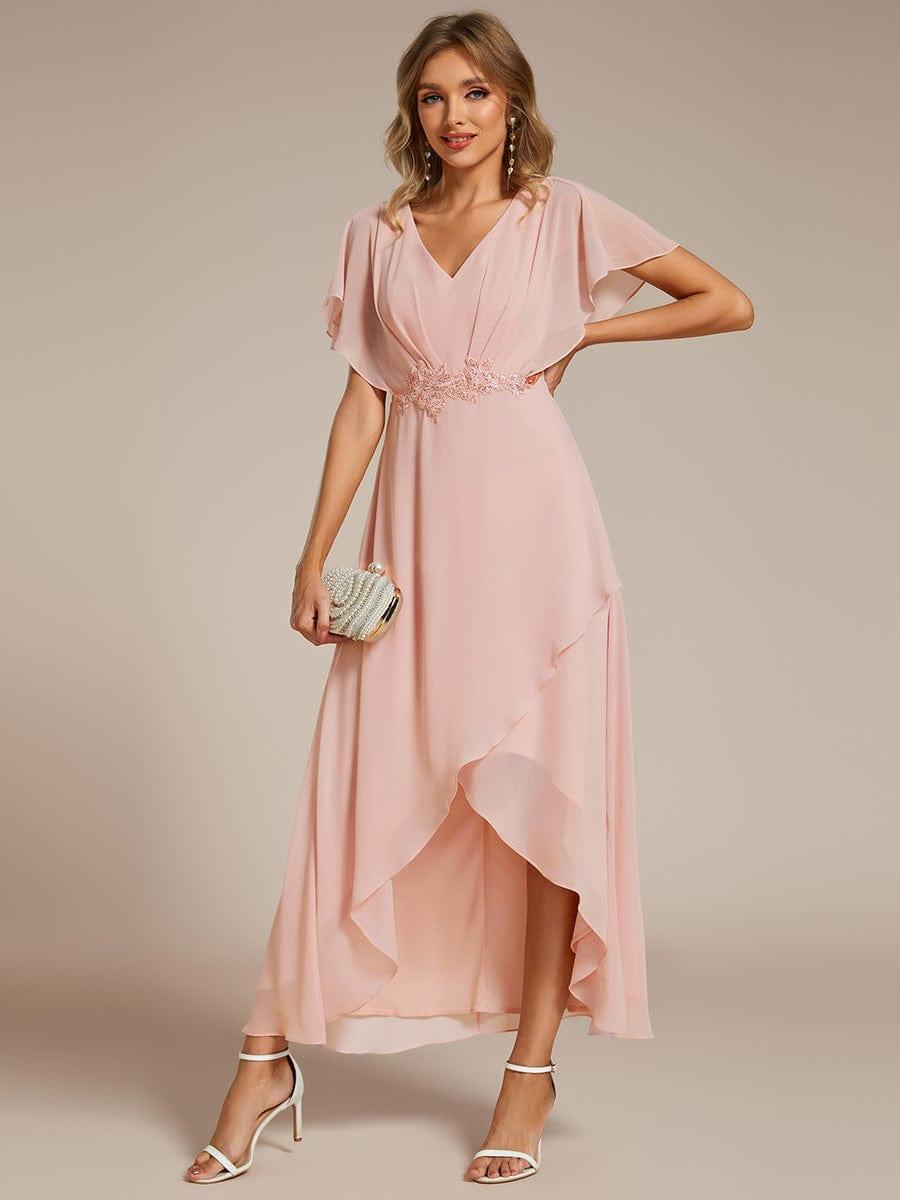 Elegant A-Line Waist Applique Ruffles Formal Dress with Short Sleeves