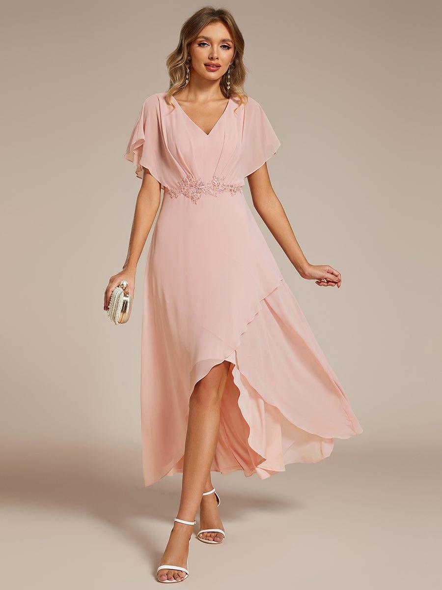 Elegant A-Line Waist Applique Ruffles Formal Dress with Short Sleeves
