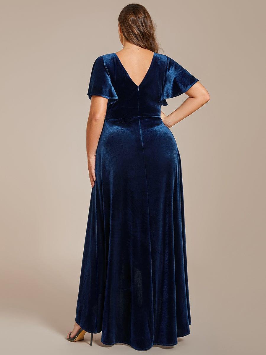 Plus Size Ruffles A-Line V-Neck Short Sleeves Velvet Evening Dress with Slit