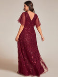 A-Line V-Neck Appliques Short Sleeves  Midi Formal Evening Dress with Slit