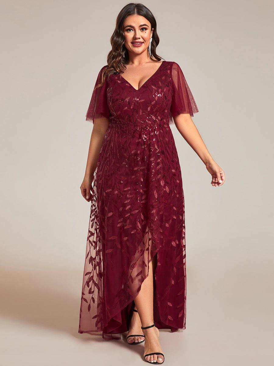 A-Line V-Neck Appliques Short Sleeves  Midi Formal Evening Dress with Slit