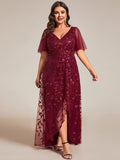 A-Line V-Neck Appliques Short Sleeves  Midi Formal Evening Dress with Slit