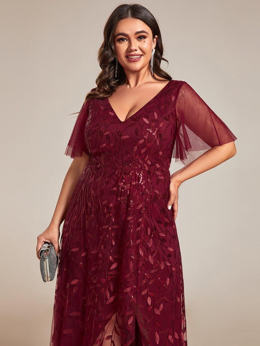 A-Line V-Neck Appliques Short Sleeves  Midi Formal Evening Dress with Slit