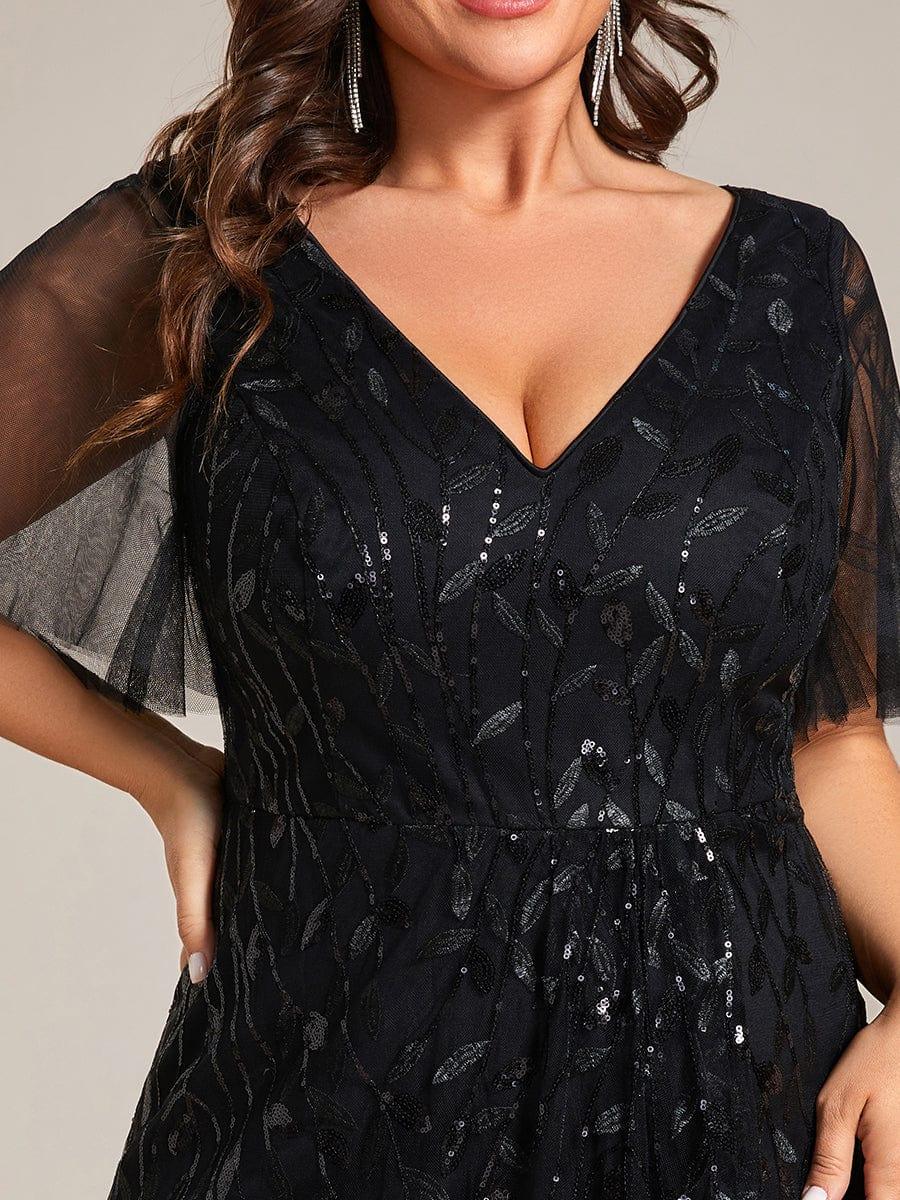 A-Line V-Neck Appliques Short Sleeves  Midi Formal Evening Dress with Slit