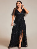 A-Line V-Neck Appliques Short Sleeves  Midi Formal Evening Dress with Slit