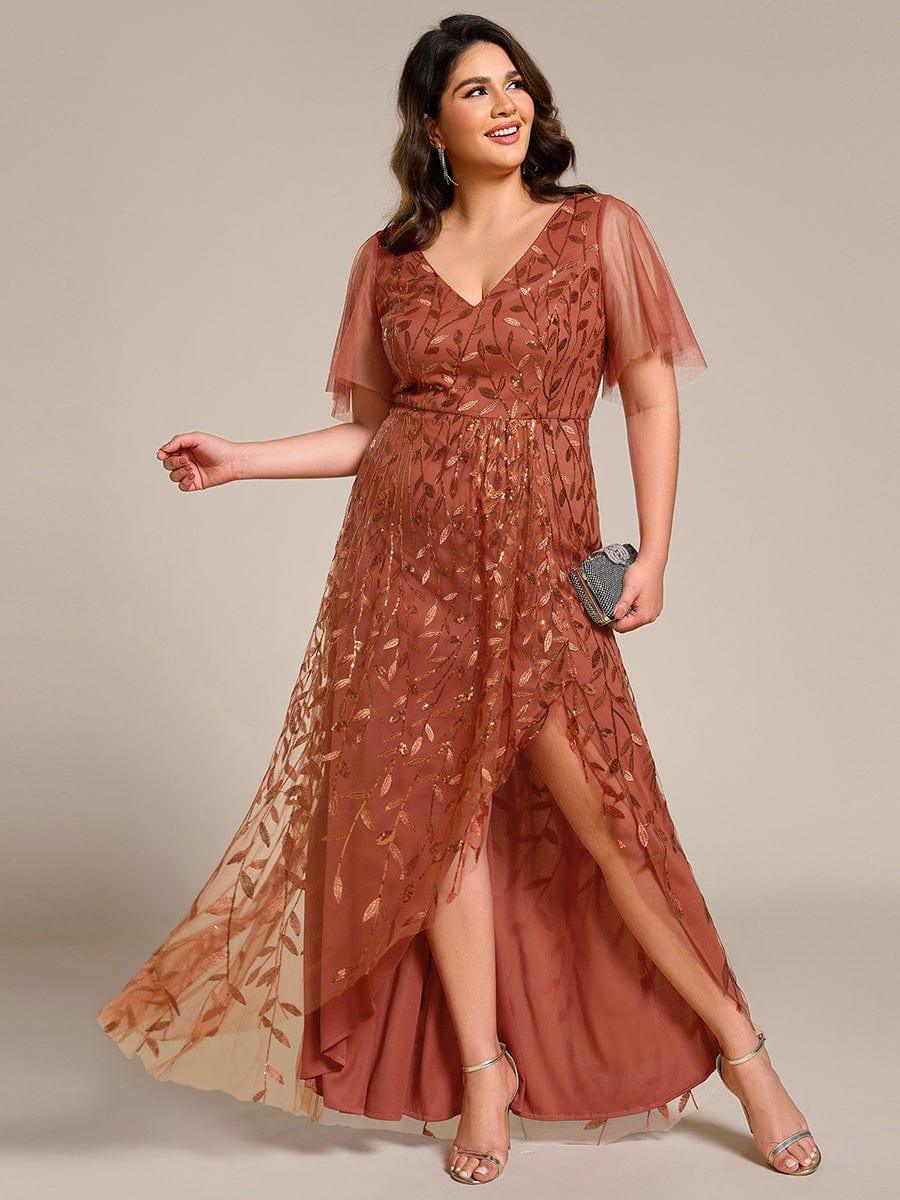 A-Line V-Neck Appliques Short Sleeves  Midi Formal Evening Dress with Slit