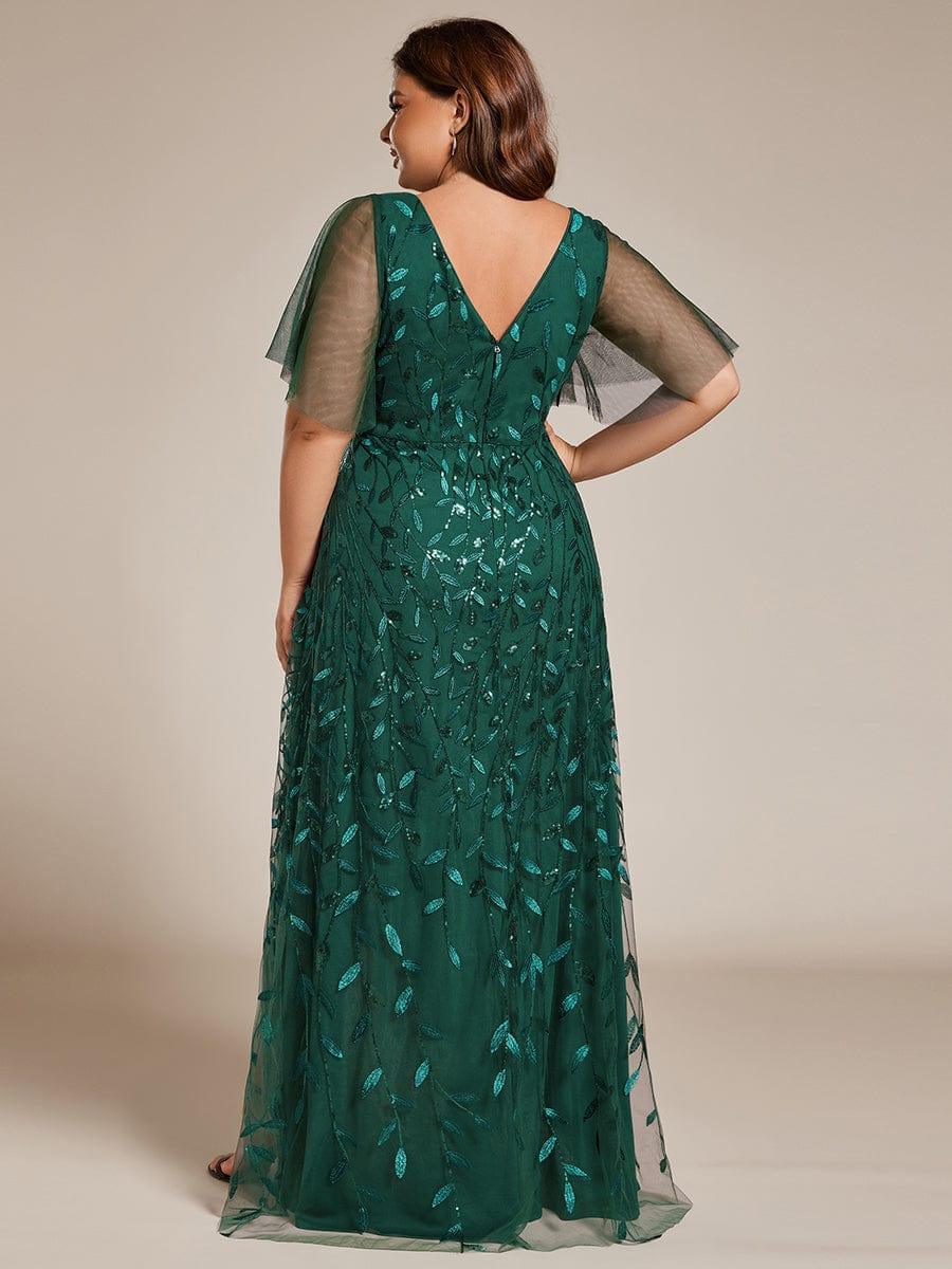 A-Line V-Neck Appliques Short Sleeves  Midi Formal Evening Dress with Slit
