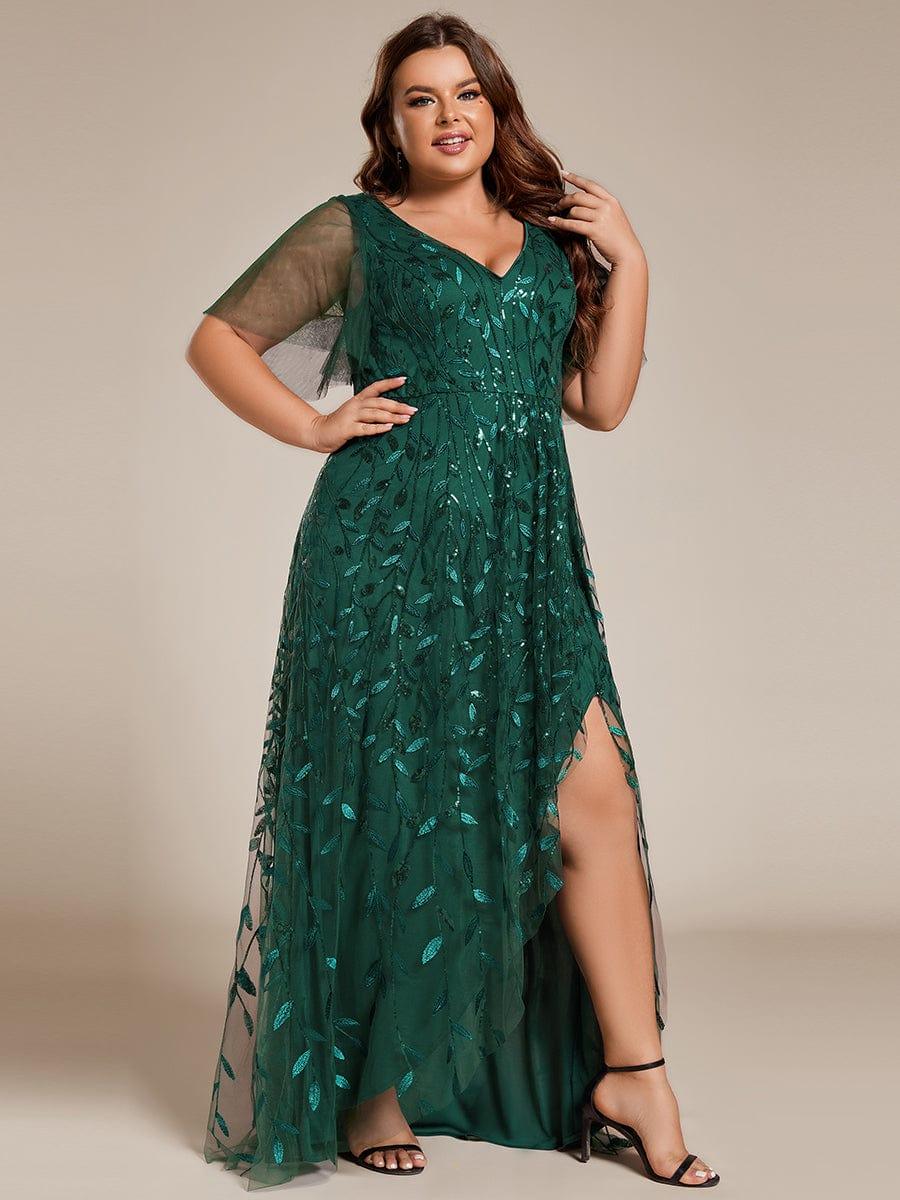 A-Line V-Neck Appliques Short Sleeves  Midi Formal Evening Dress with Slit