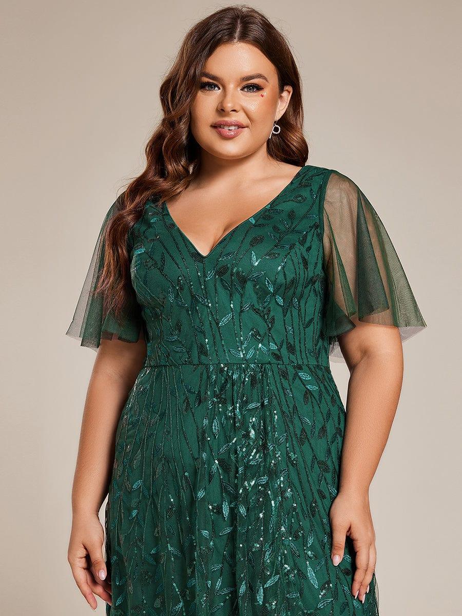 A-Line V-Neck Appliques Short Sleeves  Midi Formal Evening Dress with Slit