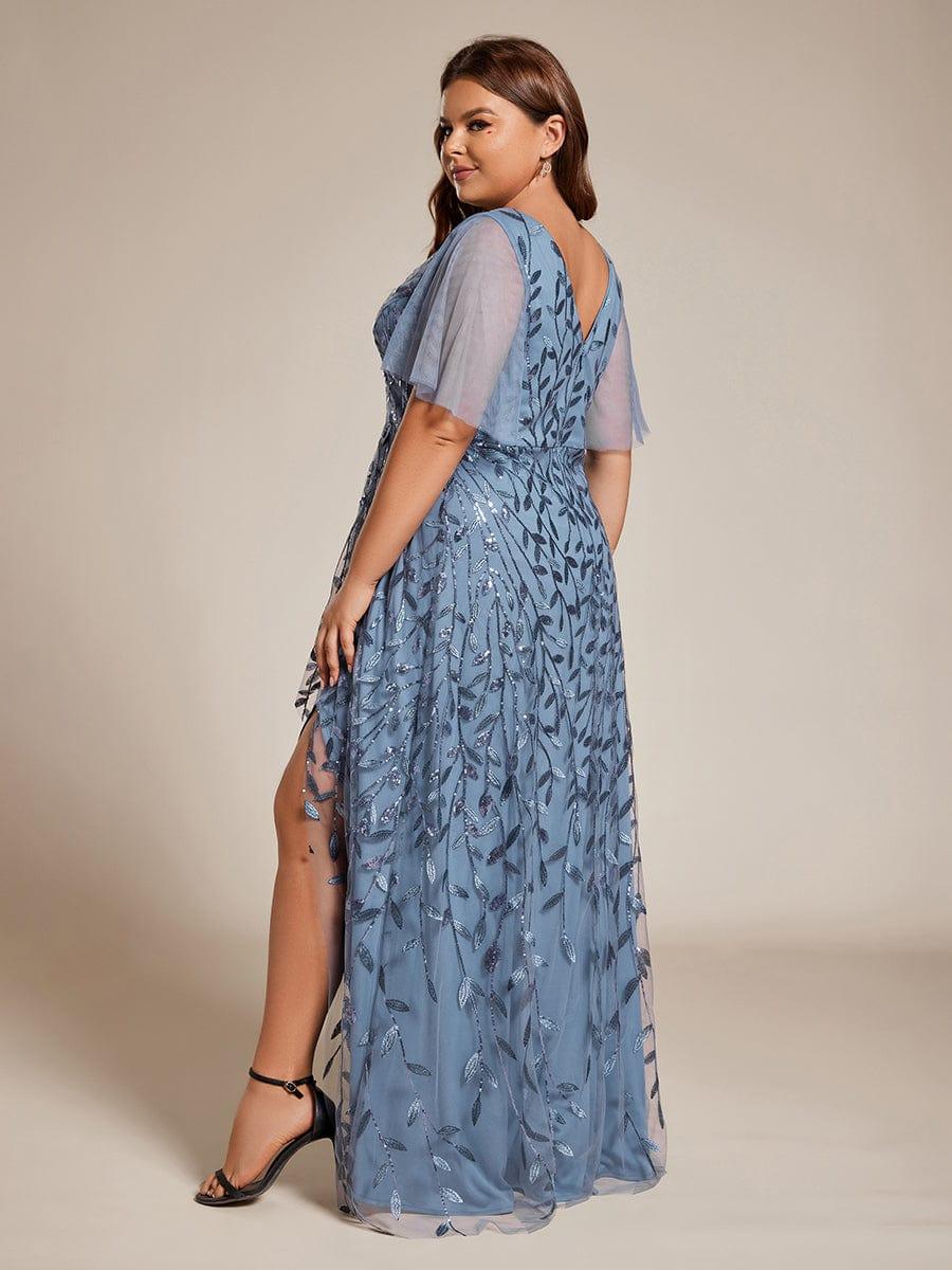 A-Line V-Neck Appliques Short Sleeves  Midi Formal Evening Dress with Slit