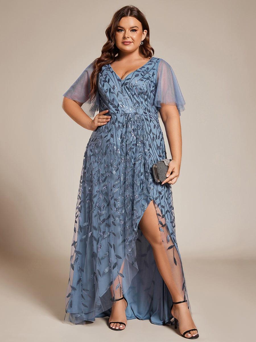 A-Line V-Neck Appliques Short Sleeves  Midi Formal Evening Dress with Slit