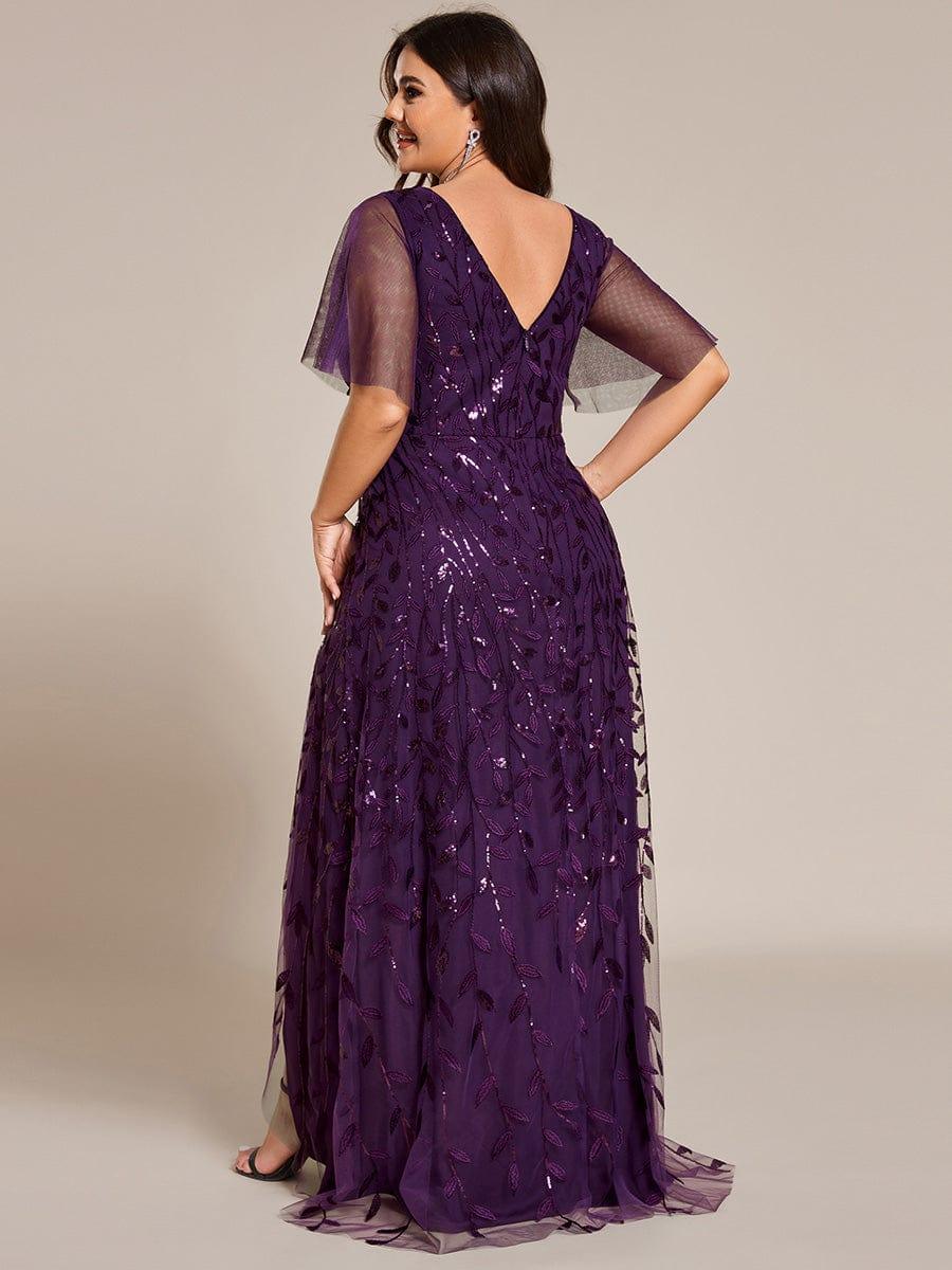 A-Line V-Neck Appliques Short Sleeves  Midi Formal Evening Dress with Slit