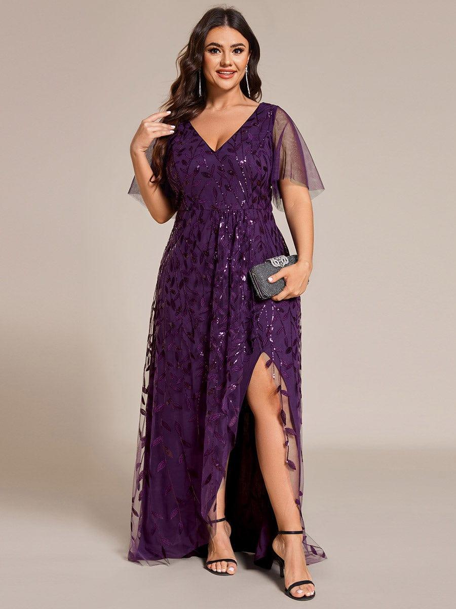 A-Line V-Neck Appliques Short Sleeves  Midi Formal Evening Dress with Slit