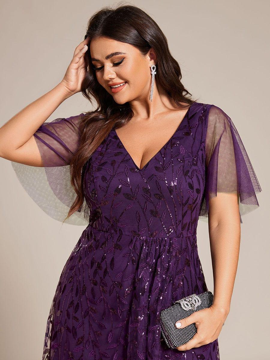A-Line V-Neck Appliques Short Sleeves  Midi Formal Evening Dress with Slit