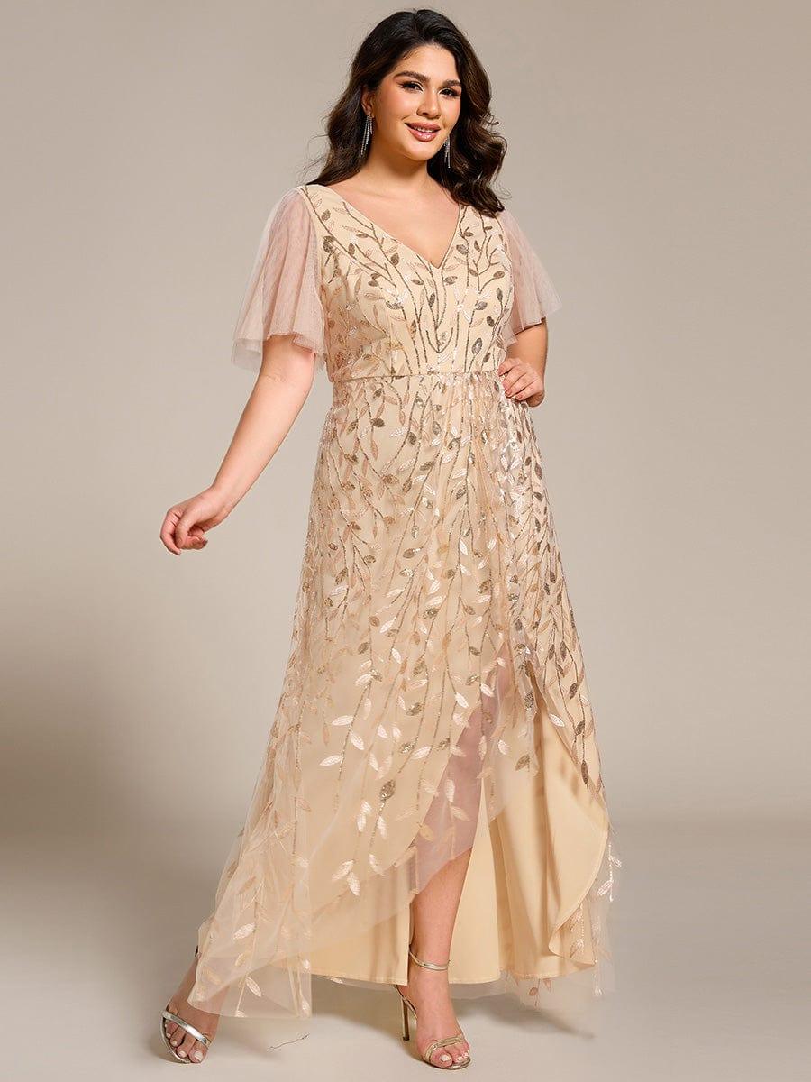 A-Line V-Neck Appliques Short Sleeves  Midi Formal Evening Dress with Slit