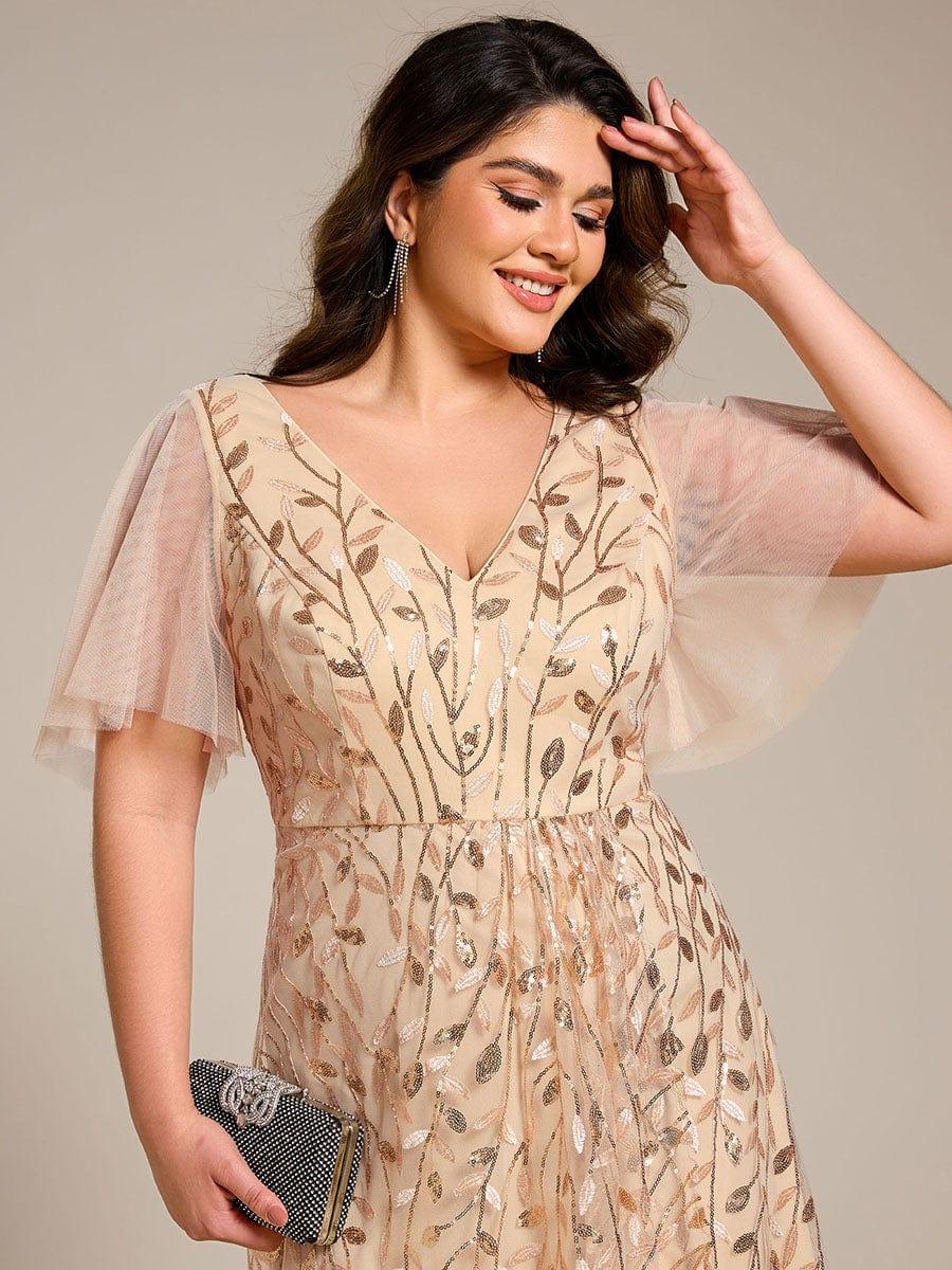 A-Line V-Neck Appliques Short Sleeves  Midi Formal Evening Dress with Slit