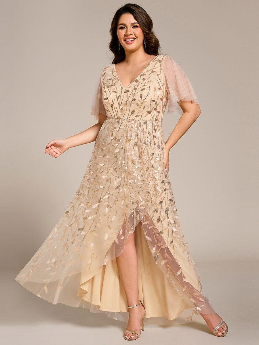 A-Line V-Neck Appliques Short Sleeves  Midi Formal Evening Dress with Slit