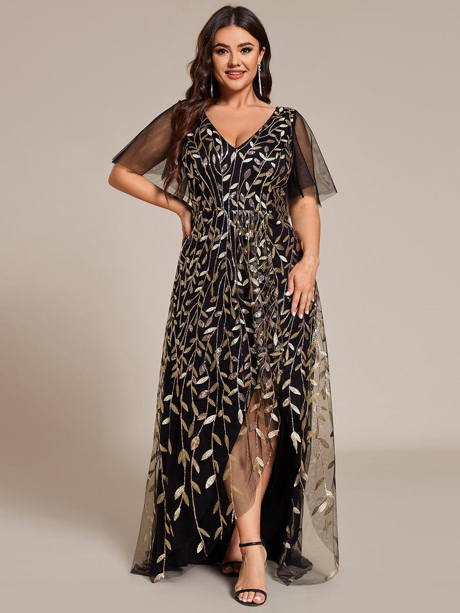 A-Line V-Neck Appliques Short Sleeves  Midi Formal Evening Dress with Slit