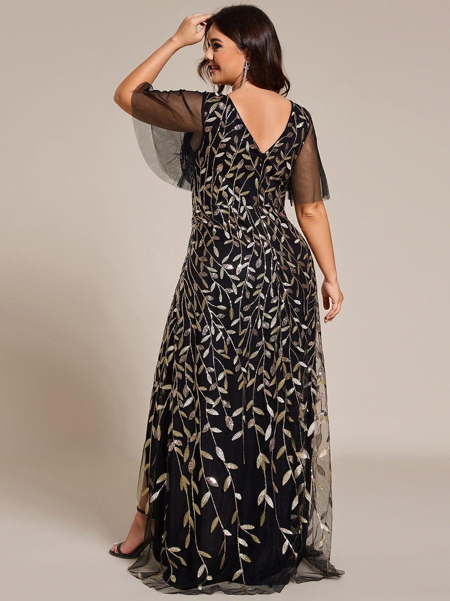 A-Line V-Neck Appliques Short Sleeves  Midi Formal Evening Dress with Slit